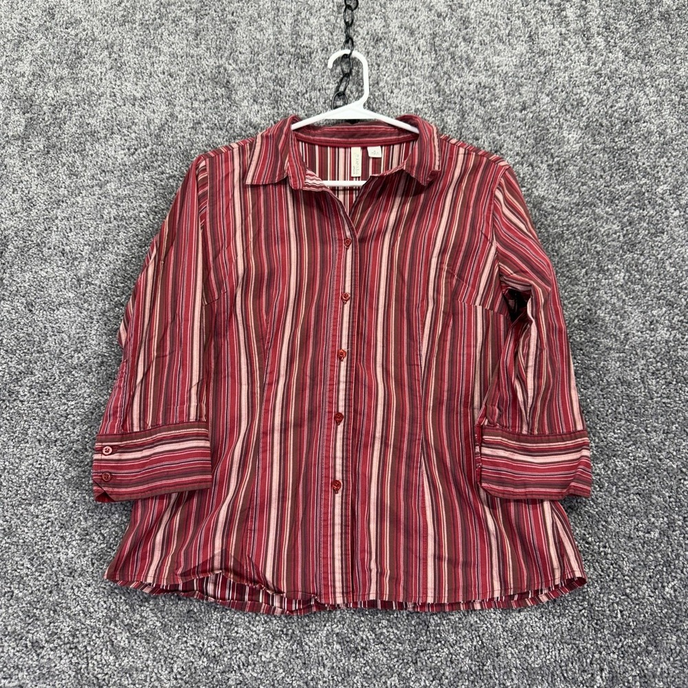 St. John's Bay Shirt Womens Medium Red Striped 3/4 Sleeve Button Up Casual